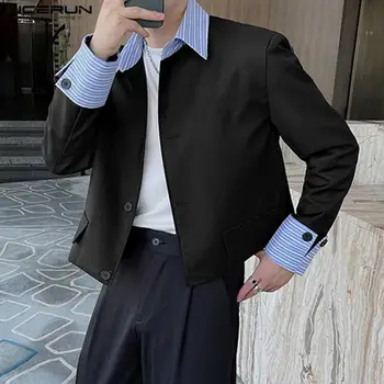 INCERUN 남성용 스트라이프 패치워크 라펠 긴팔 단추 블레이저, 캐주얼 수트, 한국 패션, 크롭 코트, S-5XL 스트리트웨어, 2023