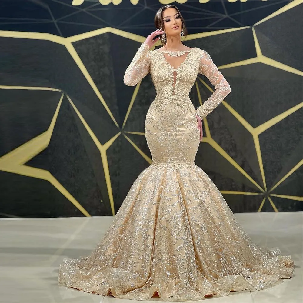 

Luxury Gold Lace Appliques Evening Dresses Beadings Sequin Mermaid Prom Dresses Long Sleeves Wedding Party Gowns