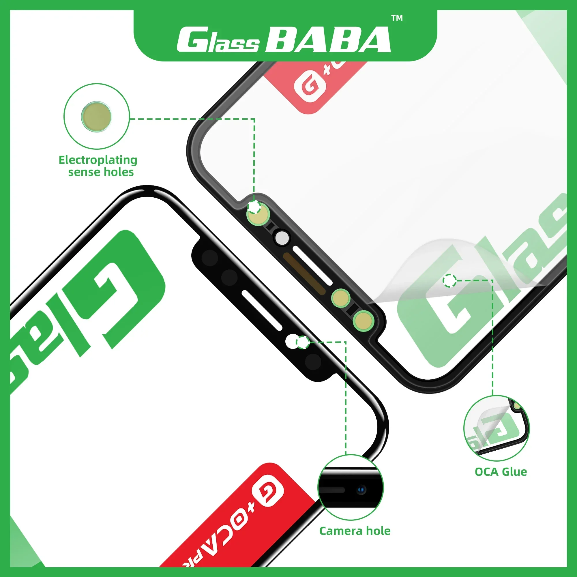 10PCS G+OCA BABA GLASS High Quality 2 in 1 Glass+OCA 1:1 For iPhone 12 13 11 14 plus pro max mini X XS XR MAX LCD touch lens