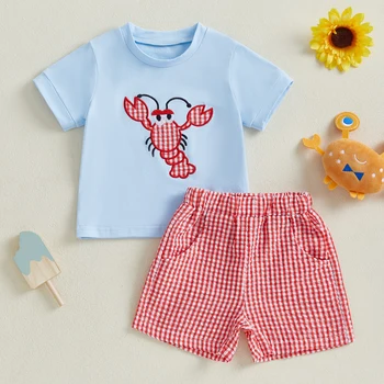 Toddler Baby Boy Summer Outfit Crab Lobster Embroidered Short Sleeve T-Shirts Plaid Shorts Infant Crawfish Clothes 1