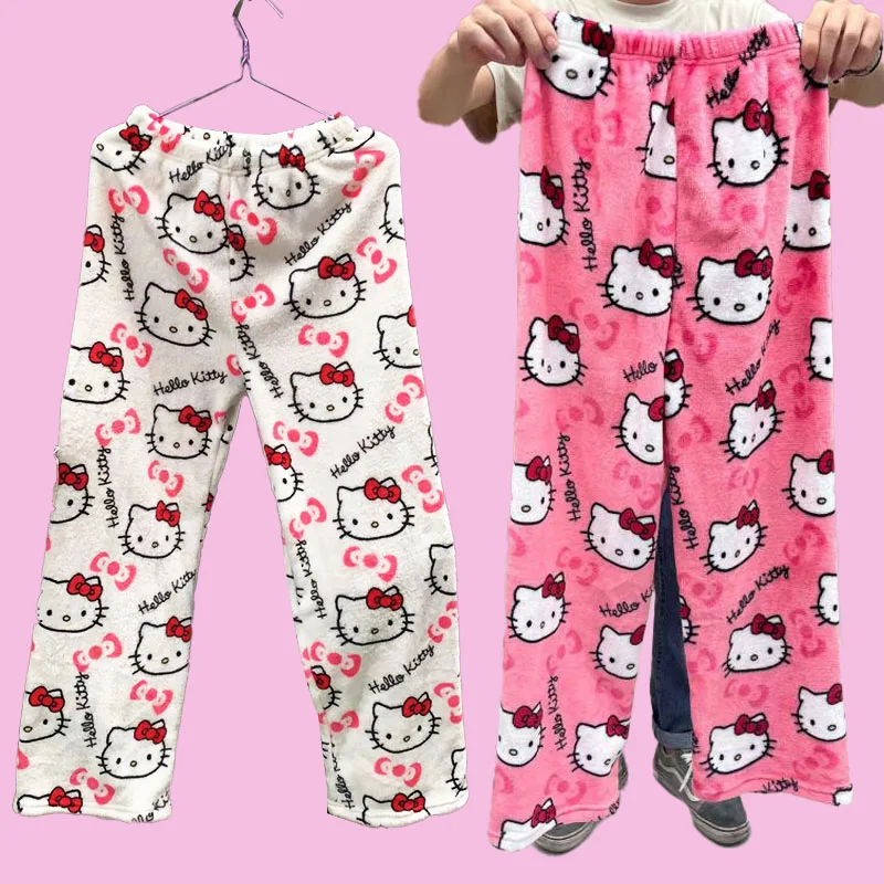 

5 Colors Hello Kitty Pajama Pants Kawaii Kt Cat Women Warm Casual Pants Autumn Winter Soft Plush Trousers Coral Velvet Britches