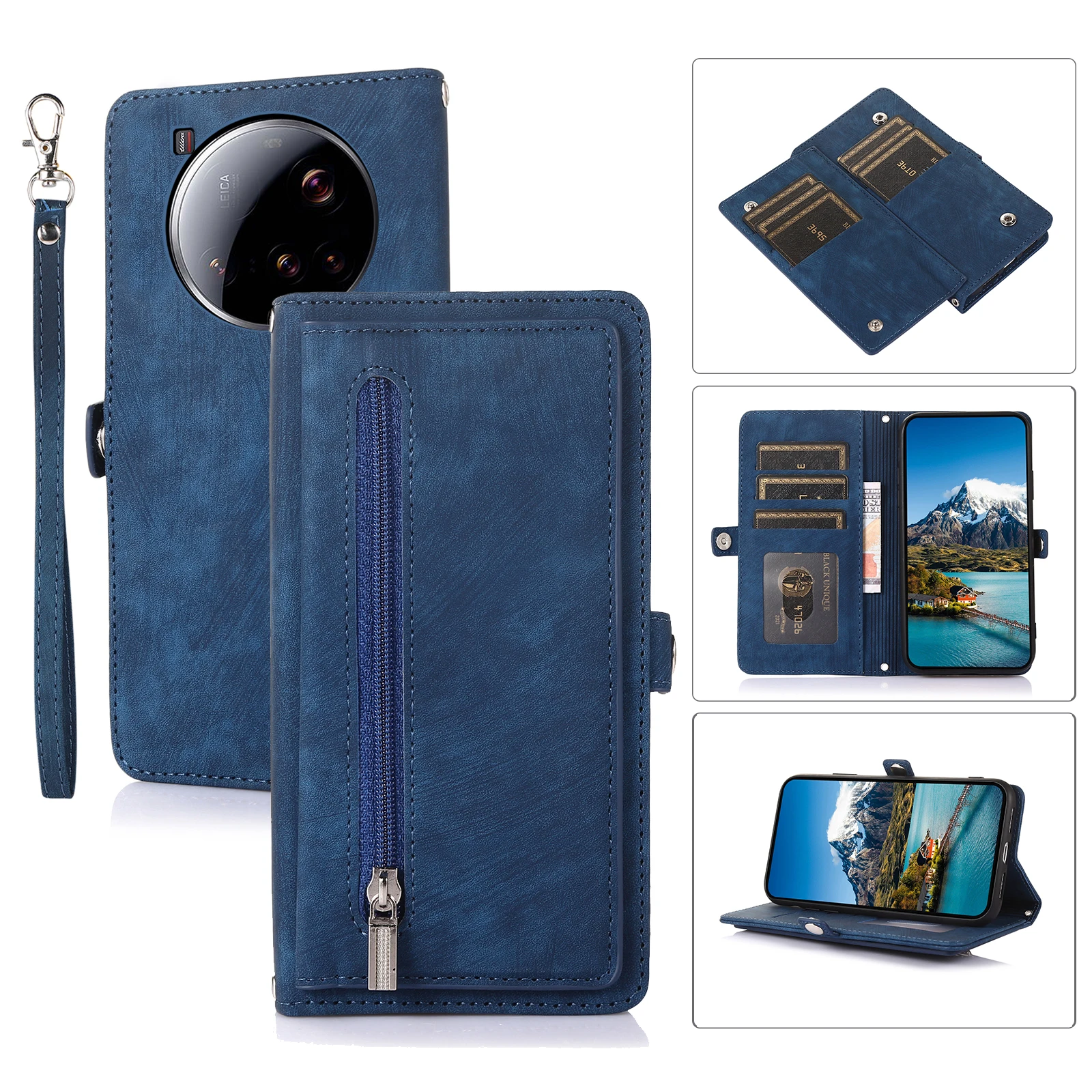Leather Lanyard Wallet Case with Strap and Card Holder