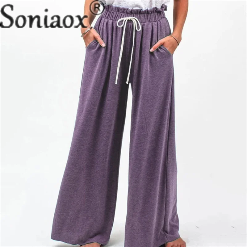 Elegant High Waist Drawstring Loose Straight Long Pants Women Comfortable Casual Solid Color Splicing Pocket Female Trousers New