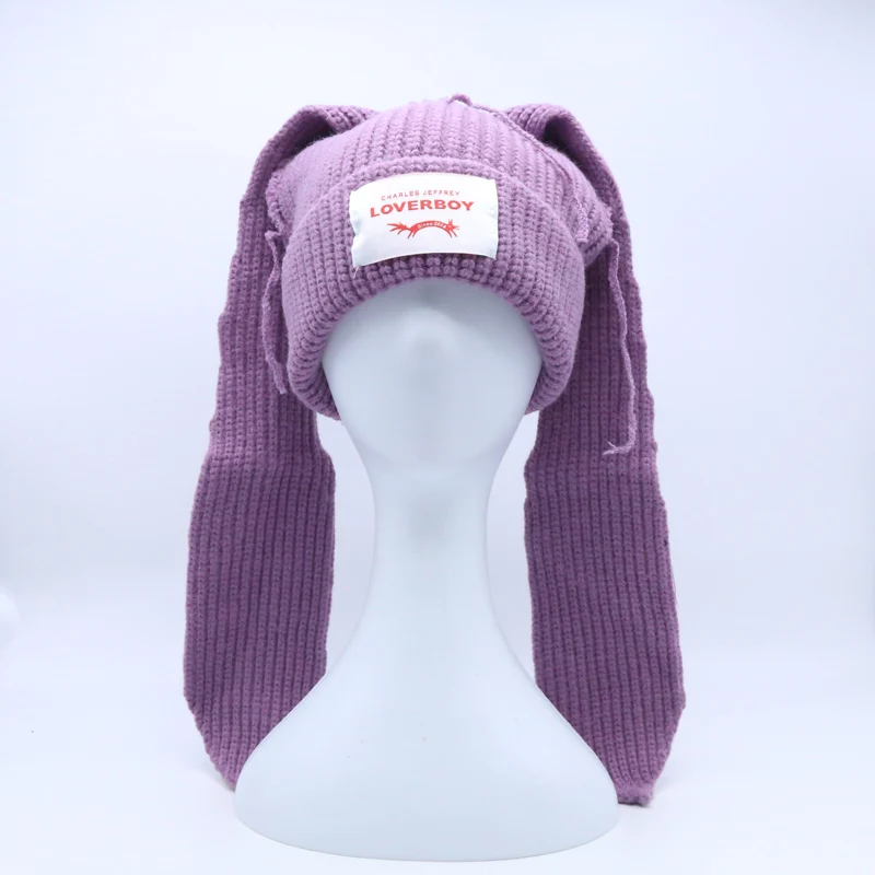 Winterwarme, gestrickte Bombermütze mit langen Hasenohren und Fuchsmotiv für Damen, Herren, Jungen und Mädchen, süße Hasenohren-Häkelmütze, Hip-Ho – Detail 32
