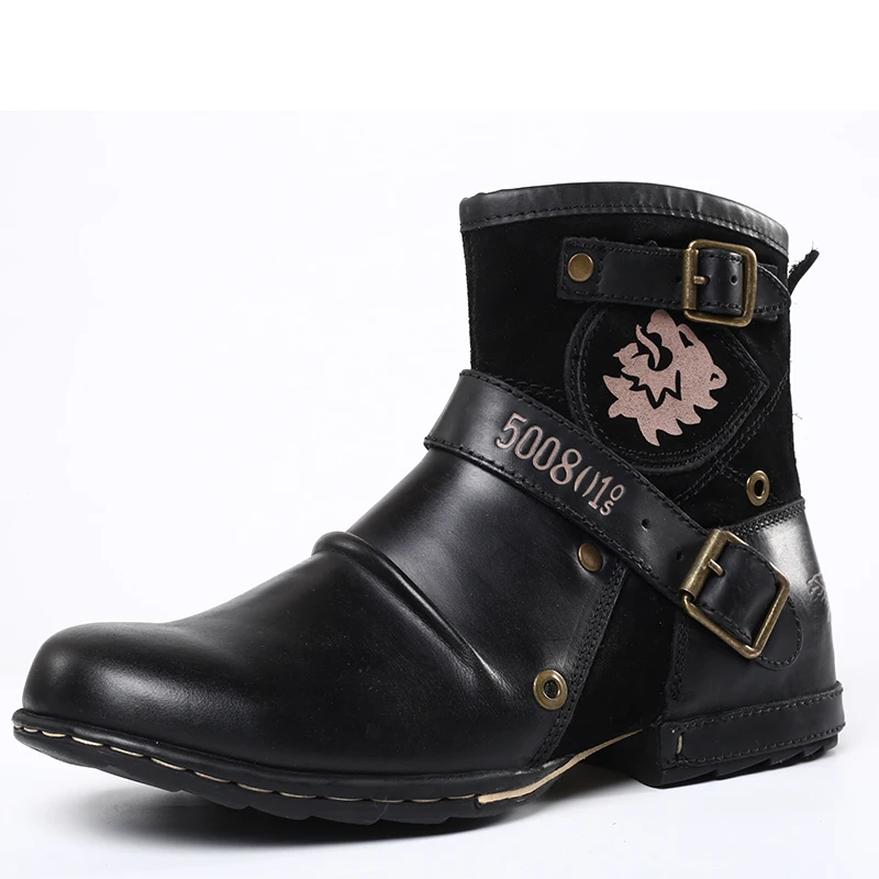 WInter Fashion Men's Shoes Boots Warm Leather Vintage Motorcycle Male Boots Riding Retro Metal Style Zippers Men's Shoes