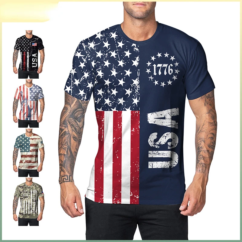 

Men Independence Day T-shirt Flag Print Male Fashion Summer Streetwear Short Sleeve Tops Sport Shirt O-neck Casual Clothes S-2XL