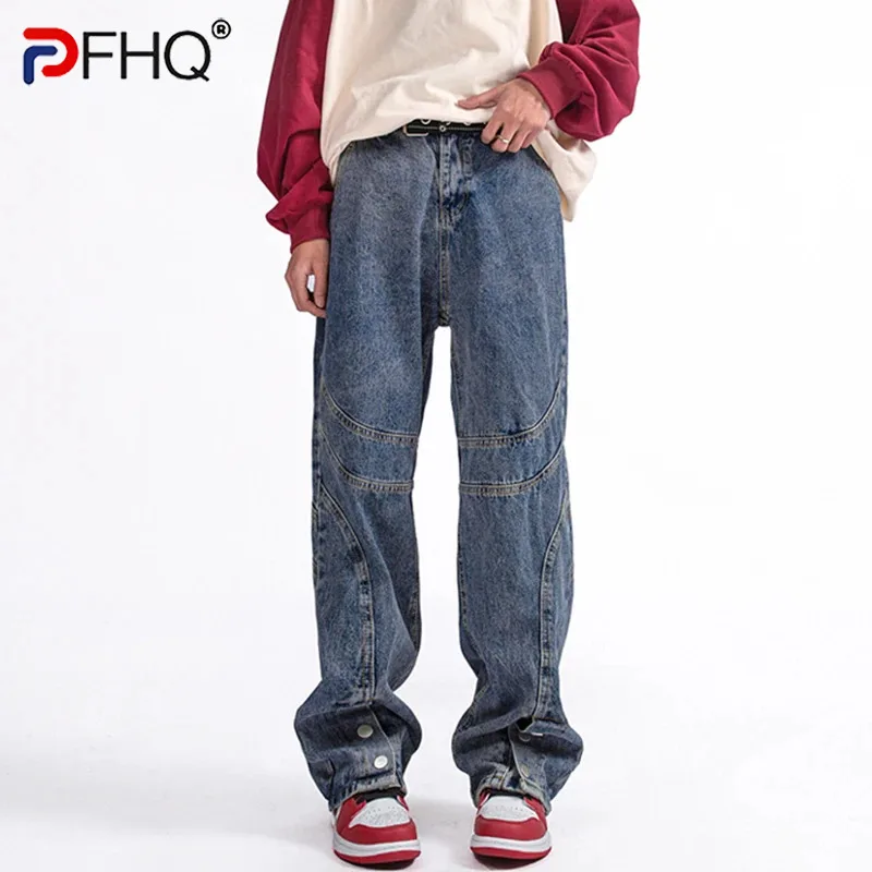 

PFHQ Men's Heavy Industry Washed Jeans Trendy Darkwear Motorcycle Avant-garde Original Design Denim Trousers Spring New 21Z4056