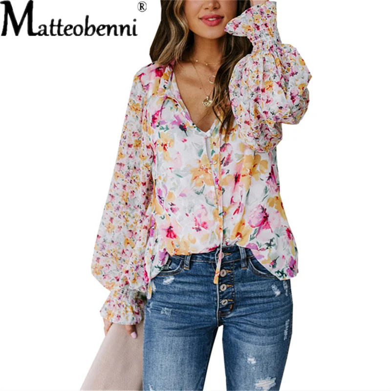 Sexy Floral Print Chiffon Shirt Women Fashion V Neck Lantern Long Sleeve Pullover Tops Street Vintage Casual Loose Lady Blouse