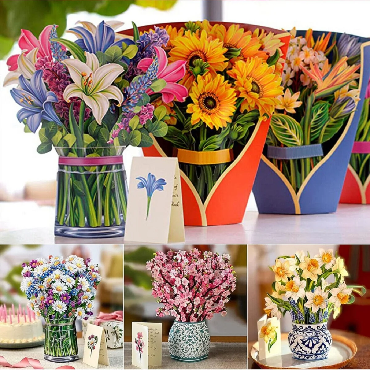 Greeting Cards 3D Pop Up Flower Greeting Card Mothers Day Paper Multi-Style Bouquet Birthday Card Thank You Postcard Bouquet Thank You Gift