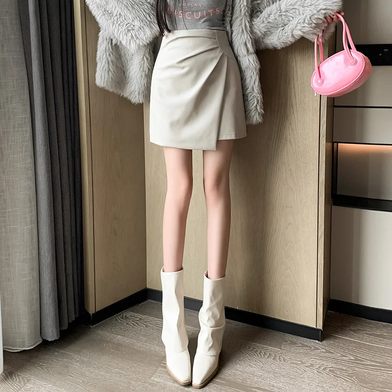 2022 Autumn/Winter Women's Pleated Skirt Solid Color Short Skirt High Waist Wrapped Hip Skirt A-line Skirt Irregular Half Skirt