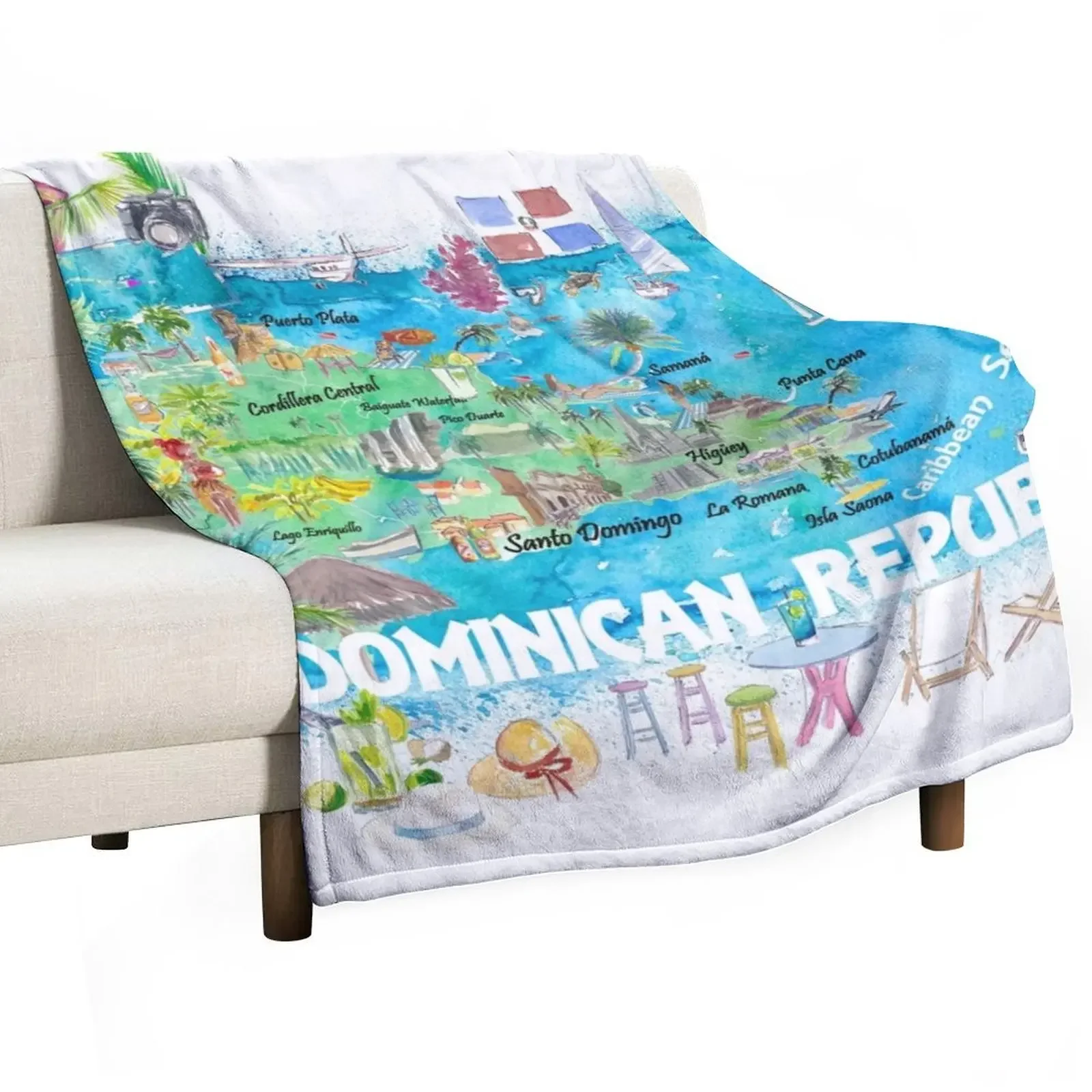 

Dominican Republic Illustrated Travel Map with Roads and Highlights Throw Blanket Designers Blankets For Sofas Blankets