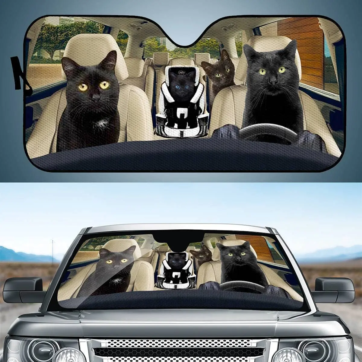 

PZZ BEACH Four Black Cats Auto Sunshade Lovely Crazy Animal Window Shade for Car Windshield Sun Shade