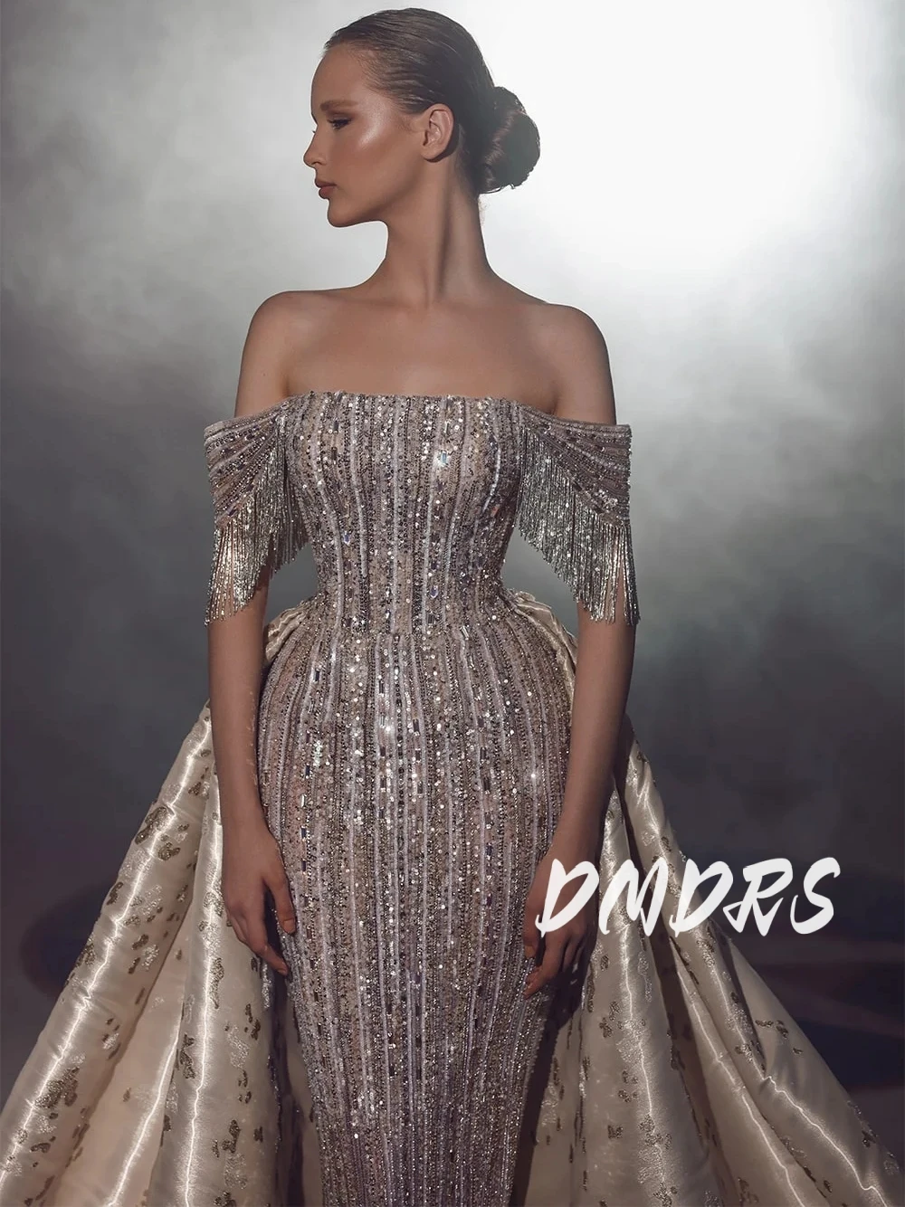 فستان زفاف DMDRS متألق مستقيم وحساس بشرابة مع خرز...