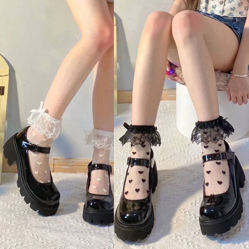 

Women Transparent Mesh Socks Sweet Ruffled Lace Trim Bowknot Love Heart Pattern Anime Princess Hosiery