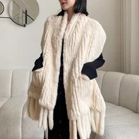 2024 New Autumn Fashion Knitted Fur Shawl Women Winter Real Rabbit Fur Scarf Thick Luxury Shawl With Tassel Ladies Knit Scarfs