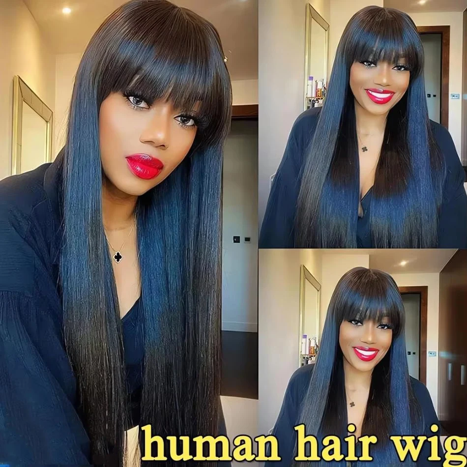 Black Bone Straight Human Hair Wig With Bangs 30 Inch Brazilian 3x1 Lace Wigs Glueless Wig Human Hair Natural Colored For Women 3