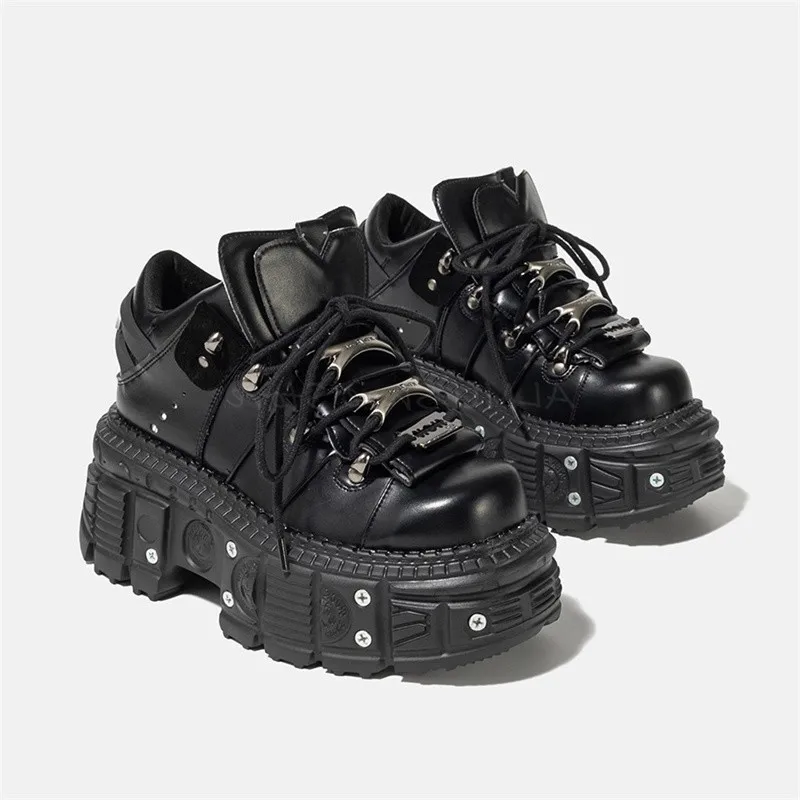 

Thick Soled Punk Shoes Gothic Metal Decor Height Increase Black Leather Shoes Female Rock Lace Up Rivets Single Shoes for Women