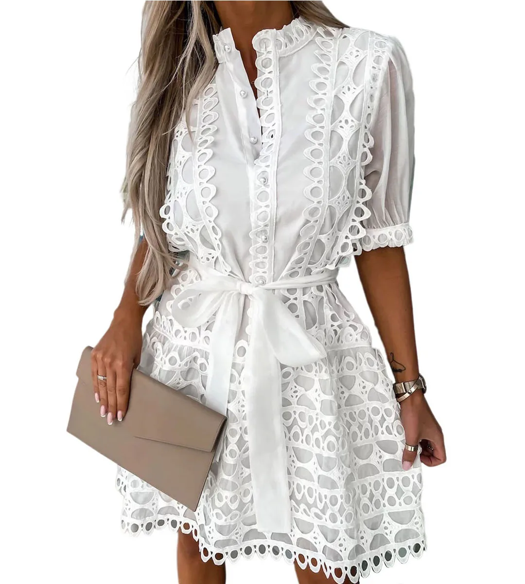 

Women Dress Summer Lace Solid Color Sexy Hollowed Out Splicing Frenulum Half High Collar Short Sleeved Mini Styles