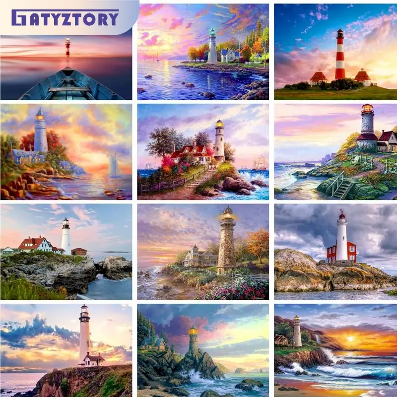 GATYZTORY 숫자 프레임 유화 캔버스 그림, 등대 숫자 그림, 벽 장식 미술 용품, 고통 그림 DIY 선물