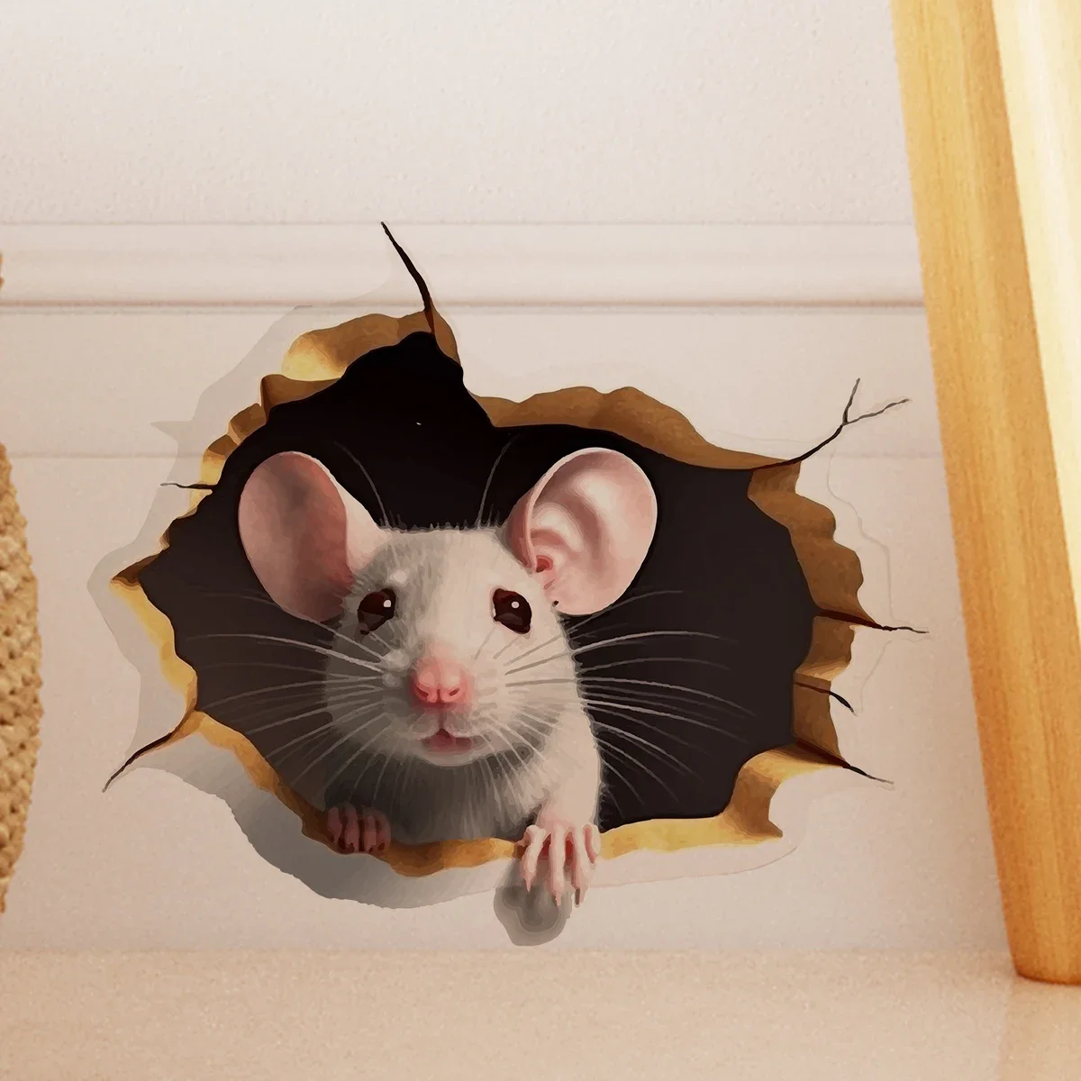 Description Picture 5 of item1PC 3D Effect Personalized Mouse Hole Sticker Reading White Mouse Flower Branch Mouse Cute Animal Random Sticker Home Decoration