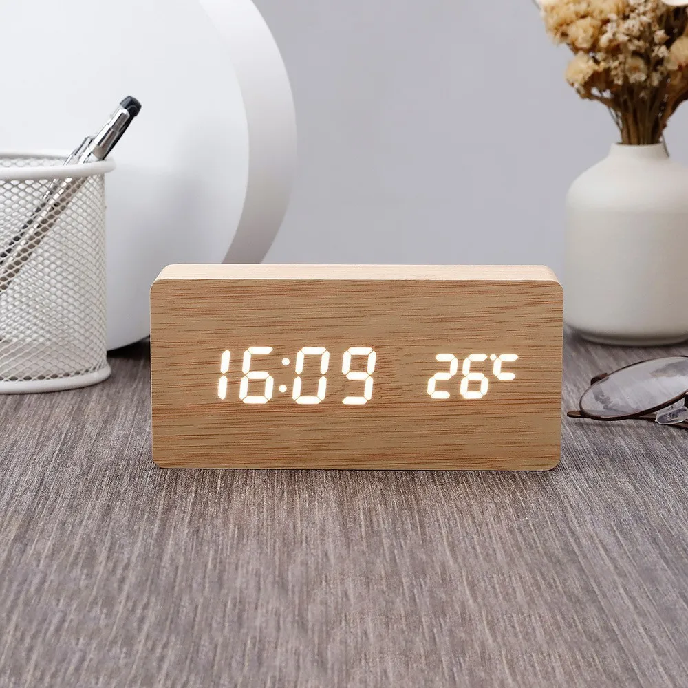 LED Wooden Digital Alarm Clock with Voice Control - Stylish Home Decor Clock