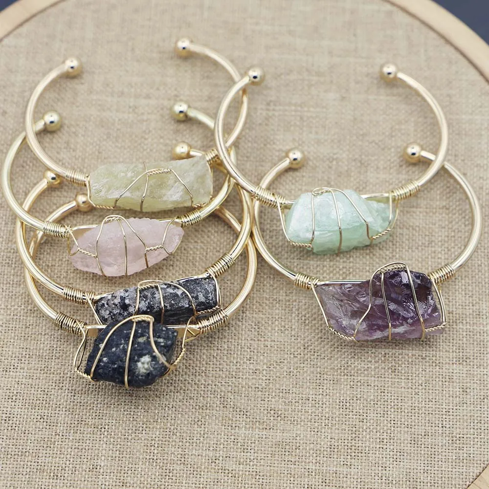 

Natural Stone Amethyst Fluorite Crystal Cuff Bracelets Bangles Women Gold Wire Wrap Irregular Raw Quartz Reiki Healing Jewelry