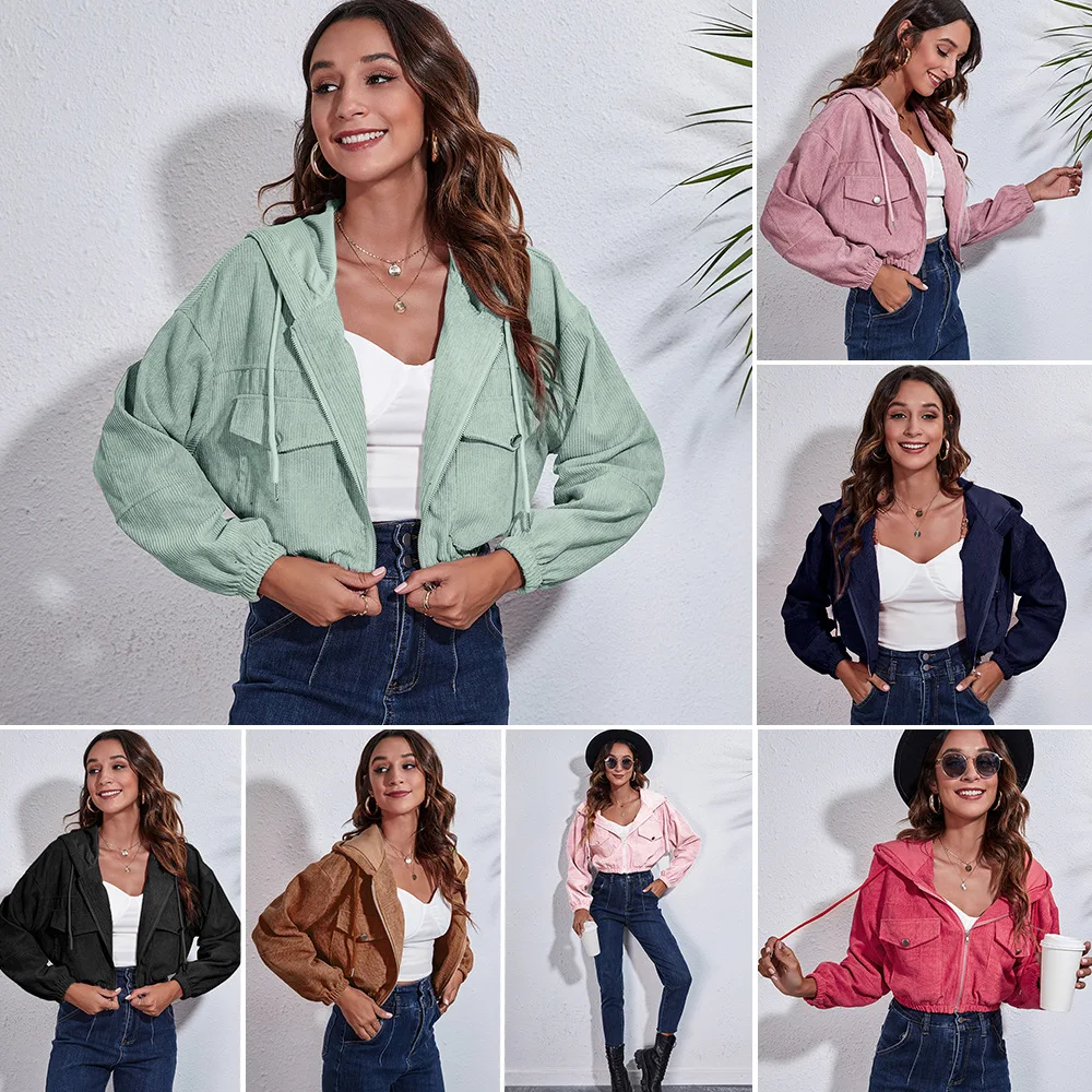 

2023 Вельветовая куртка с капюшоном Осень/Зима свободное короткое пальто с длинным рукавом и плечами женские куртки для женщин