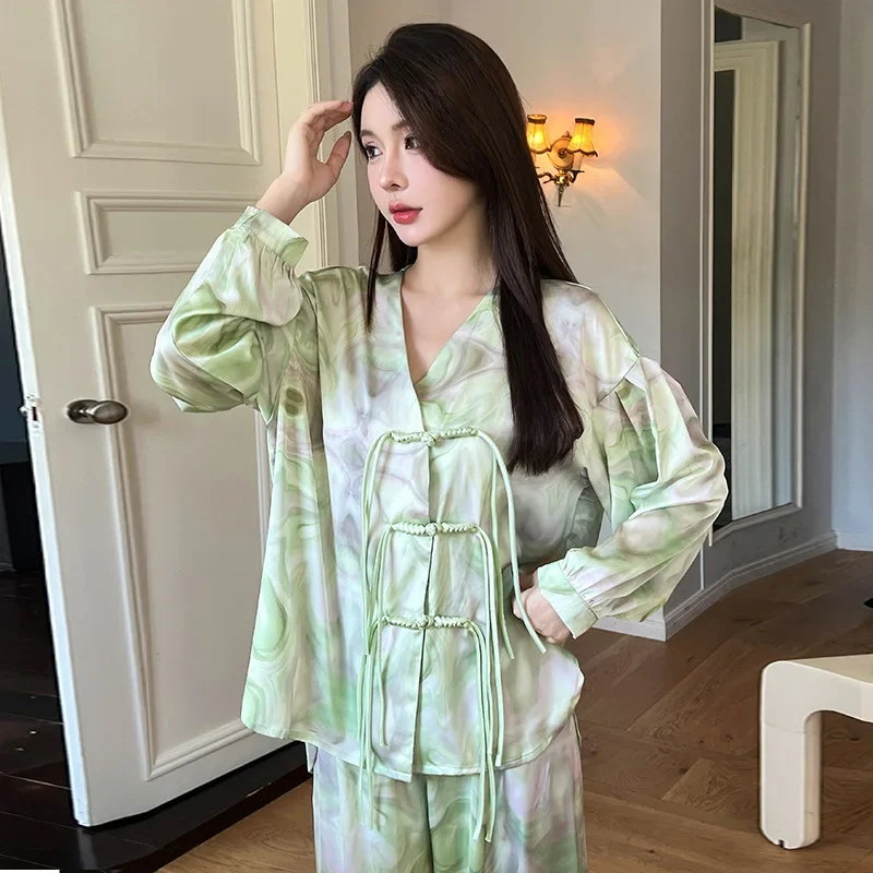 

V-Neck Pijamas Suit Print Women Pajamas Set Spring Autumn Long Sleeve Shirt&Trousers Sleepwear Casual Silky Satin Loungewear