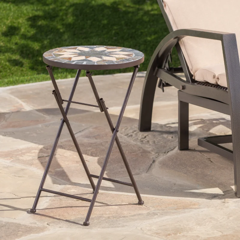 

Outdoor Stone Side Table with Iron Frame, Beige and Black Foldable Mosaic Stone Outdoor Furnitur Camping Equipment