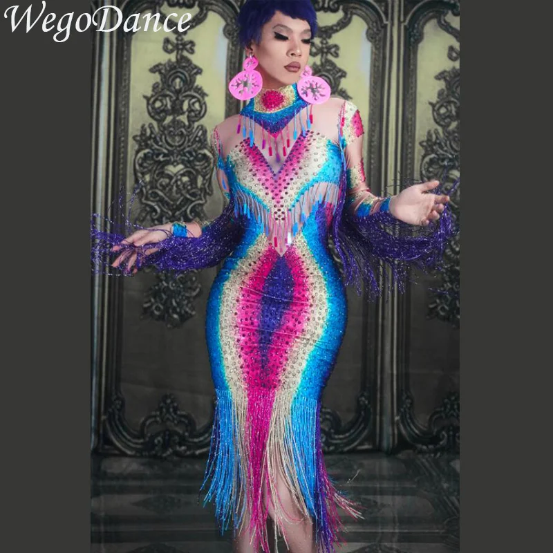 

Colorful Rhinestones Fringes Perspective Evening Celebrate Spandex Tassel Costume Dance Dress