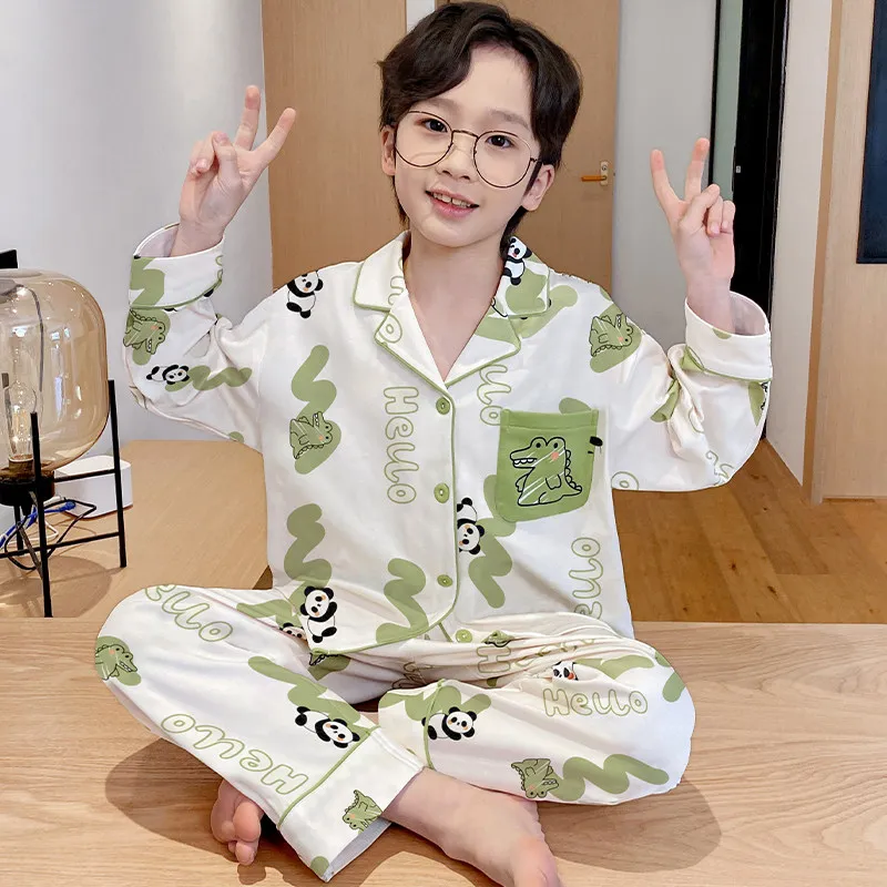 아동용 봄 가을 긴팔 카라 오픈 가디건 잠옷 세트 남아용 편안한 면 폴리에스터 홈웨어
