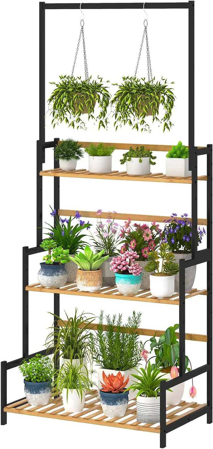 

Подвесная бамбуковая подставка для растений Ufine, 3 искусственных полки с подвесным стержнем, регулируемый по высоте органайзер для цветочных горшков, для балкона