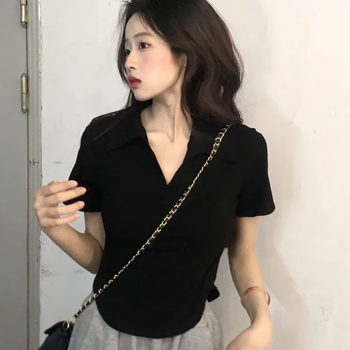 옷깃 반팔 티셔츠 여성 새로운 틈새 세련된 순수한 욕망 짧은 최고 Gyaru in 패션 4