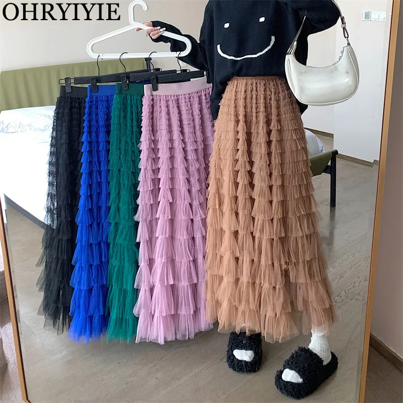 

88CM 98CM Long Maxi Tulle Skirt Women Bohemian Floor-Length Skirt Female Lengthen 85cm 95cm Solid Mesh Winter Party Skirt Lady