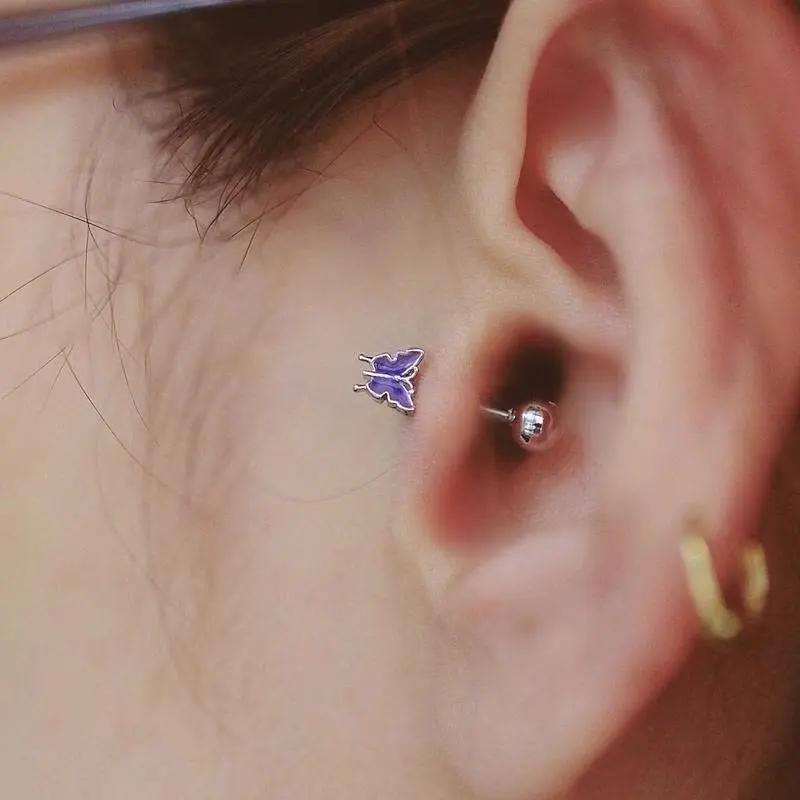 Set Di 3 Orecchini Per Cartilagine - Design Farfalla, Fiore E Stella In Acciaio Chirurgico - Foto 5