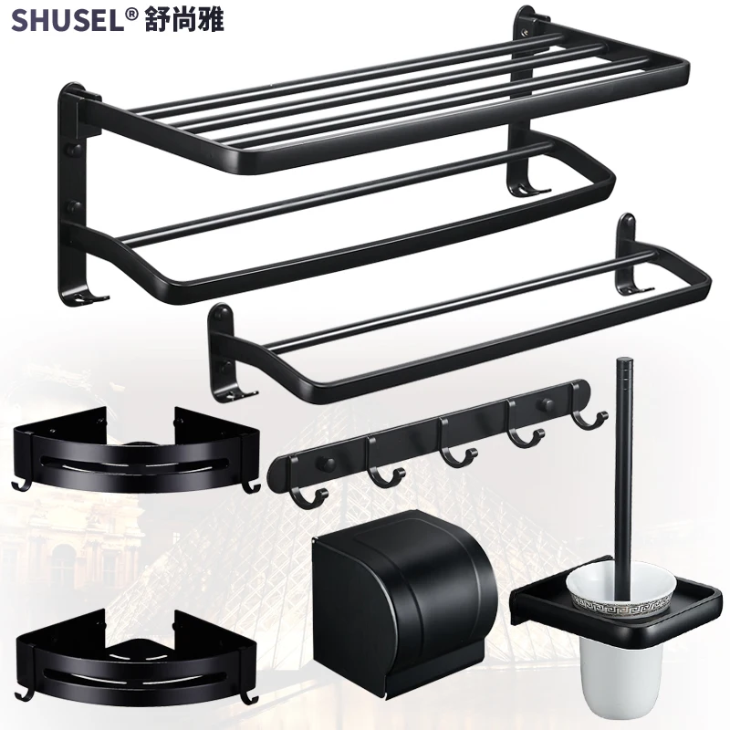 

Вешалка для полотенец без перфорации из алюминия, черная вешалка для полотенец для ванной комнаты, набор вешалки для хранения аксессуаров для ванной комнаты