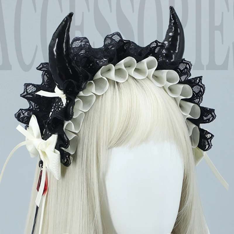 

Anime Maid Headband for Girls Lolitas Ruffle Lace Headband with Ribbon Bowknot ComicShow Halloween Devil Horn Hairband