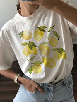 Cute Lemon Fruit T Shirt Short Sleeve Loose Botanical Tshirt Vintage Cottagecore Clothes Women Retro Aesthetic T-Shirts 1