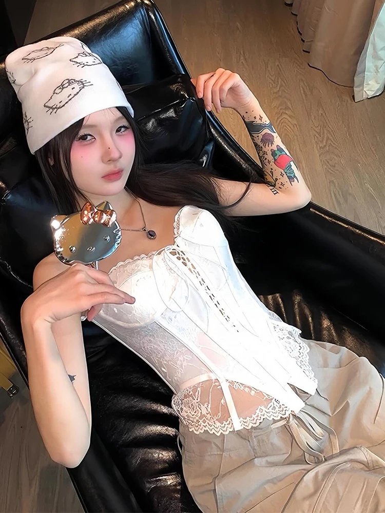 Nibber Lace-Up Fishbone Corset Tops Women Patchwork Lace Sleeveless Backless Skinny Summer Trend Wavy Hem Midnight Street Tops