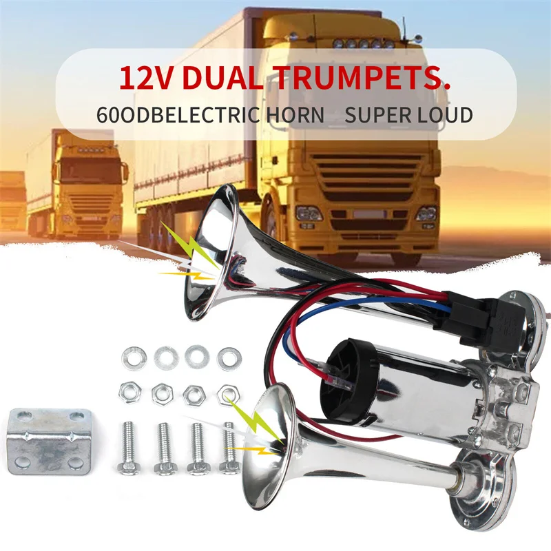 600DB 12V Dual Trumpets Super Loud Car Electric Horn Truck Boat Train Speaker Car 12V Compressor Air Horn with Wires Relay car siren horn car air horn air horn train horn waterproof horn