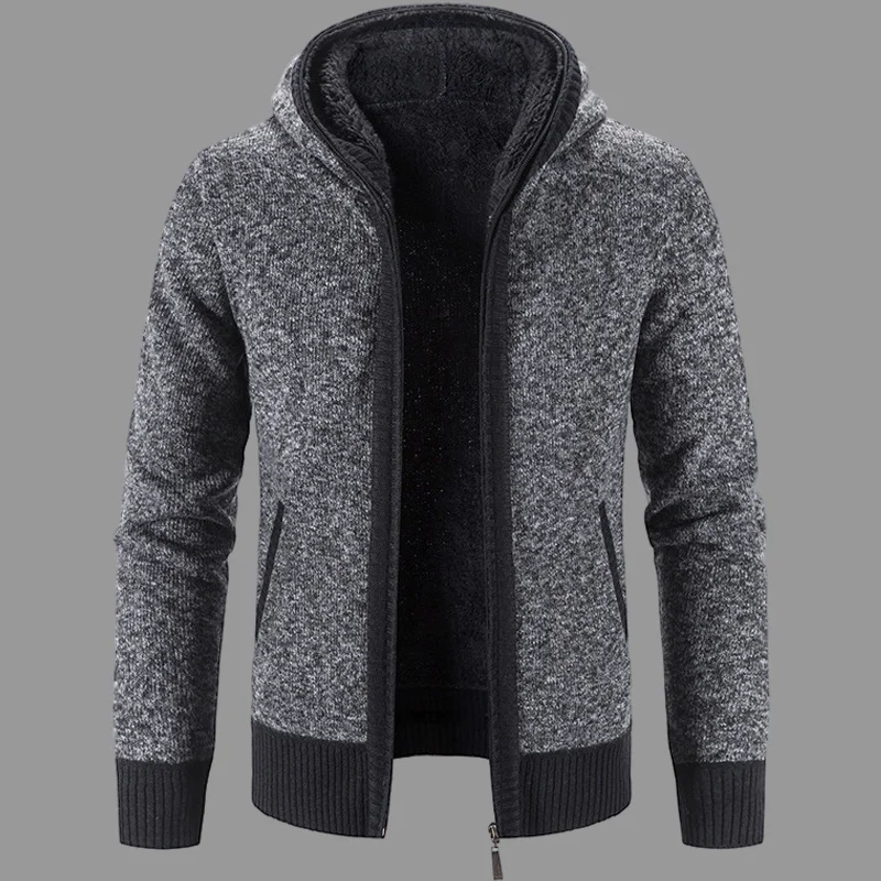 

Winter Fleece Cardigan Men Hooded Thick Warm Sweatercoat Patchwork Fashion Sweater Jacket Male Knitted Outwear Coats