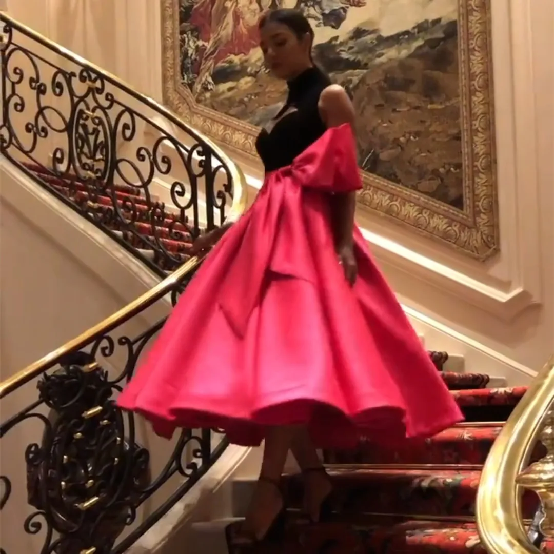 

Vintage Short Halter Evening Dresses With Bow A-Line Satin Muslim Party Gowns Pleats Ankle Length Formal Prom Dress for Women