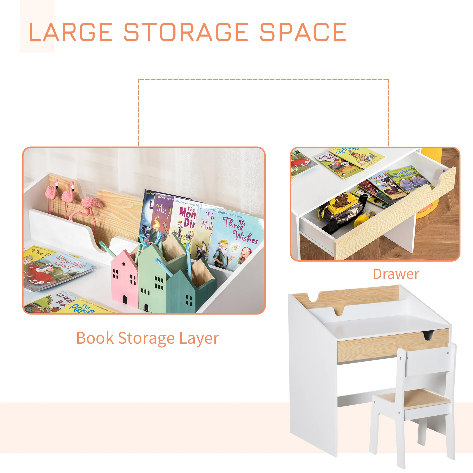 HOMCOM Kids Desk and Chair Set 2 Pieces Children Study Table with Storage Pull-Out Drawer Bookshelf for 3-6 Years