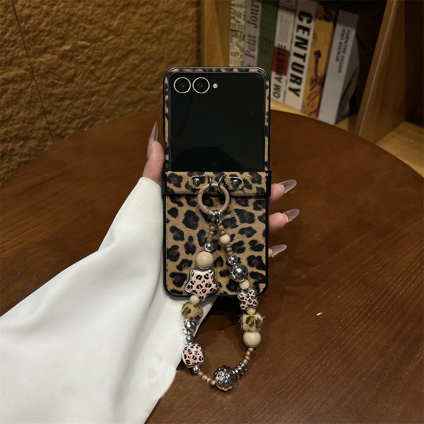 Korean Brown Leopard Print Phone Case with Hairball Star Bracelet