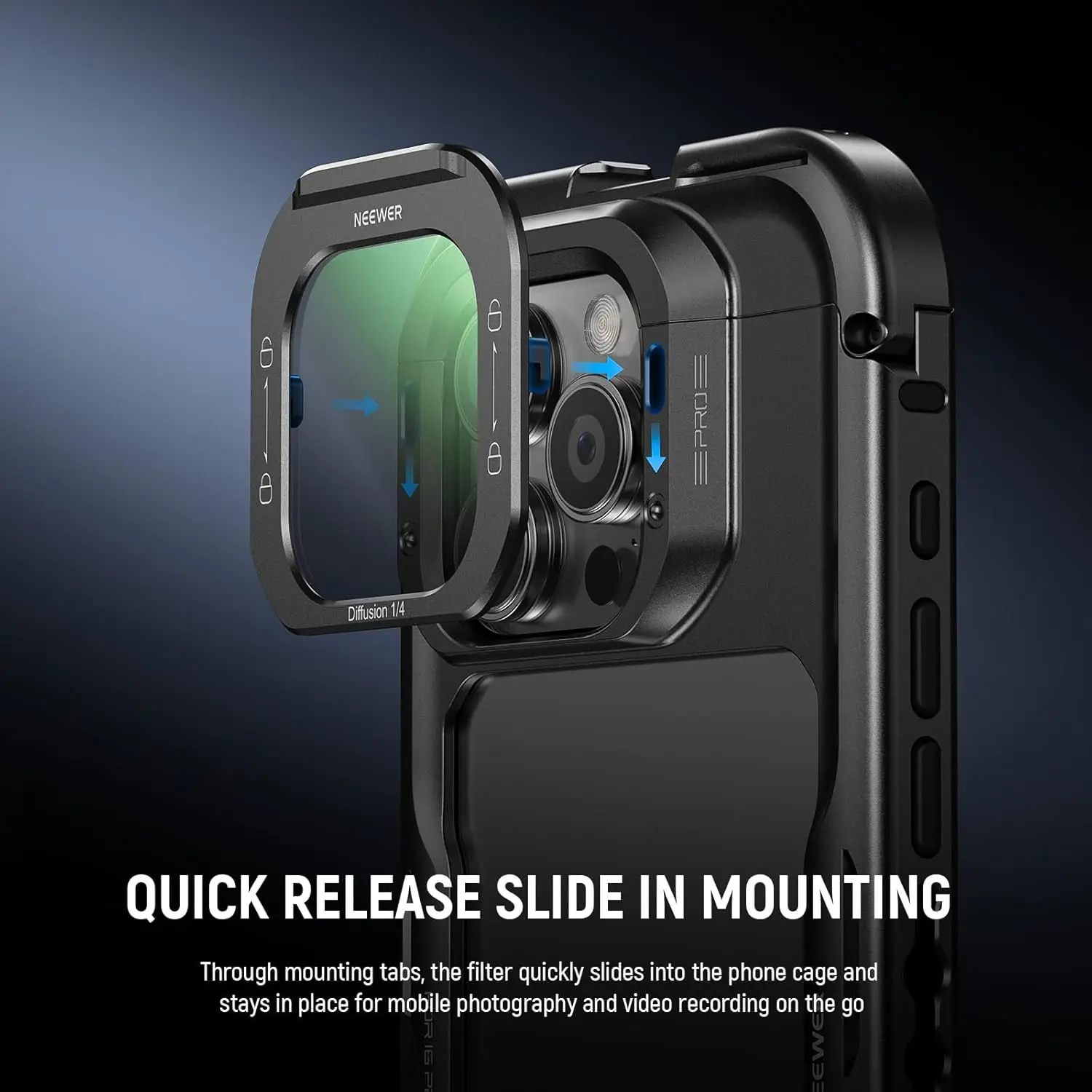 NEEWER 1/4 Black Diffusion /ND8/ND16/ND84 Phone Lens Filter, Quick Release Mist Filter For iPhone 16 Pro /Pro Max Phone Cage 3