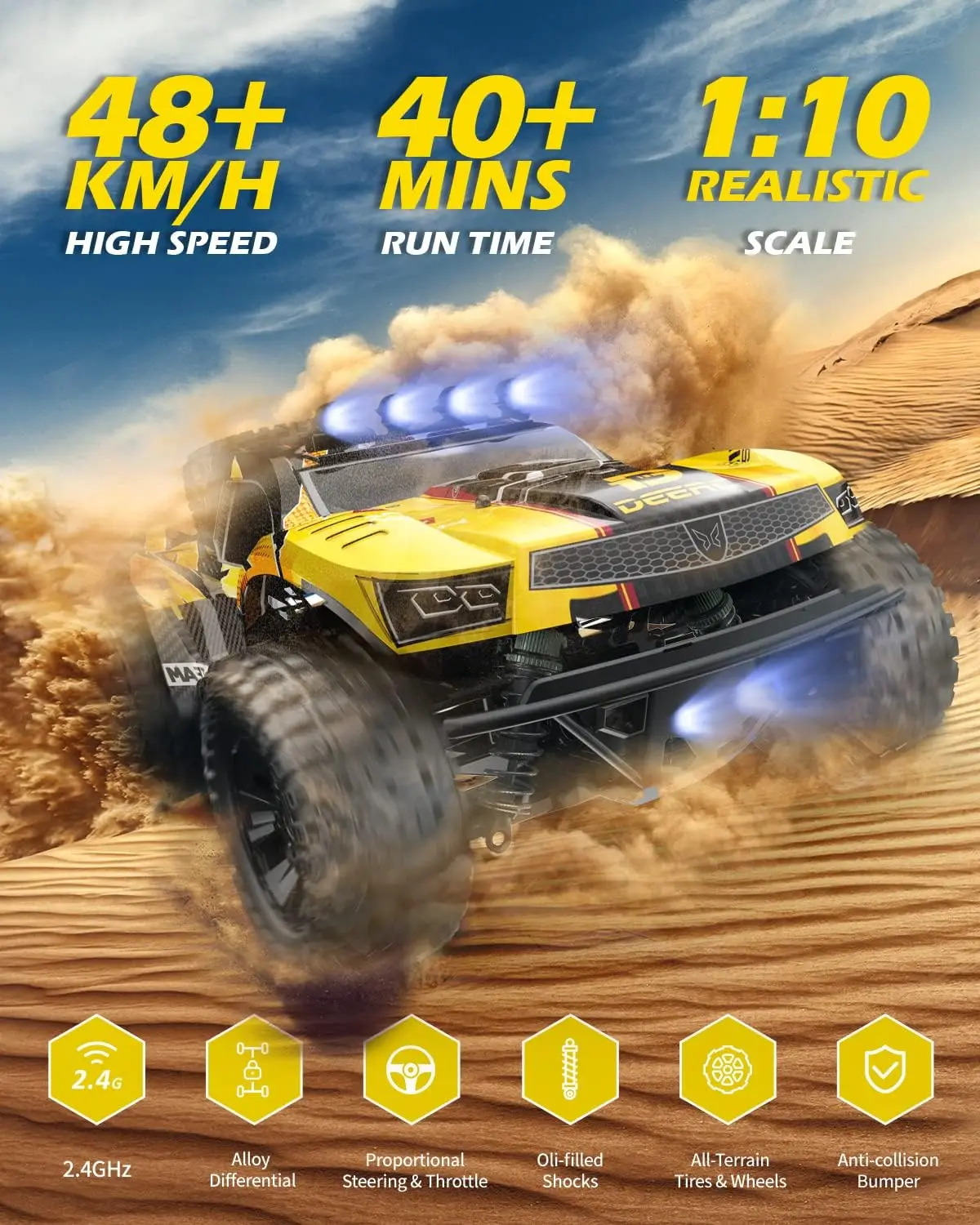9201E 1:10 Large Remote Control Truck with Lights, Fast Short Course RC Car, 48 km/h 4x4 Off-Road Hobby Grade Toy Monster