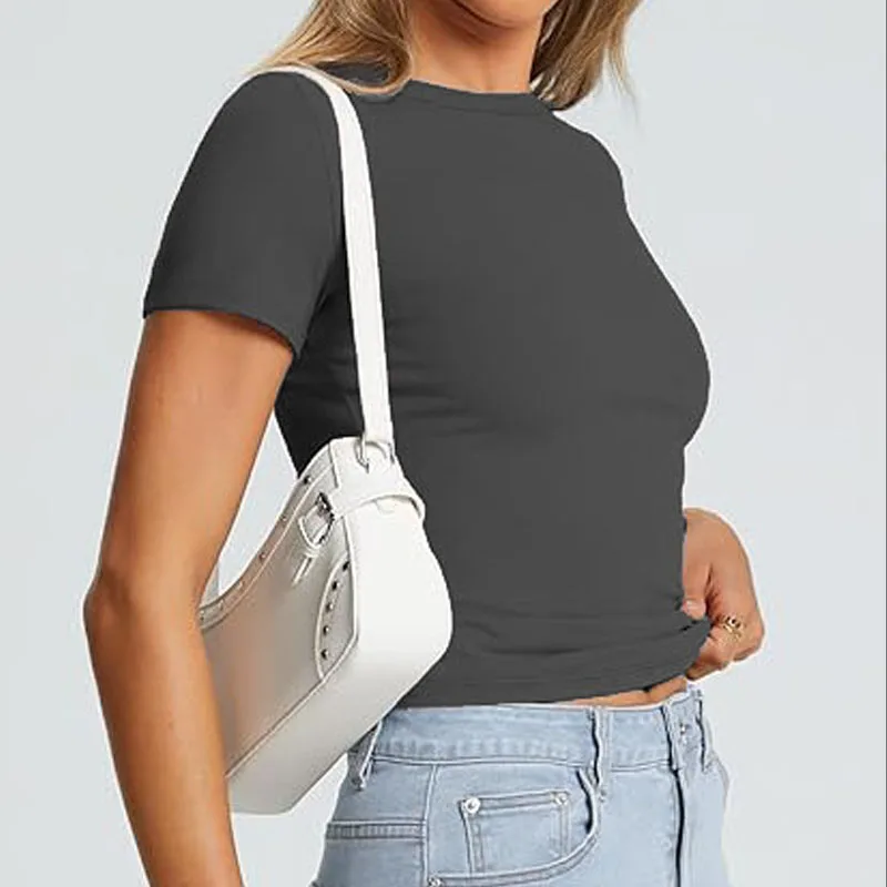 2025, neue frauen Slim Fit T-Shirt Sommer Sexy Kurzarm Rundhals Tops Koreanische Mode Basic Tee Casual Engen T-shirt – Detail 34