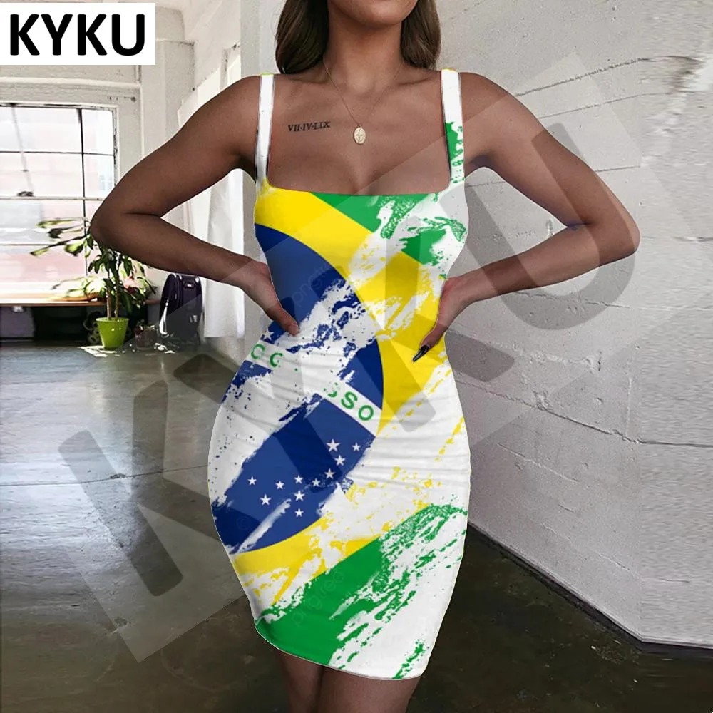 KYKU Brand Brazil Dresses Women Brazilian Flag 3d Print Football Sundress Colorful Ladies