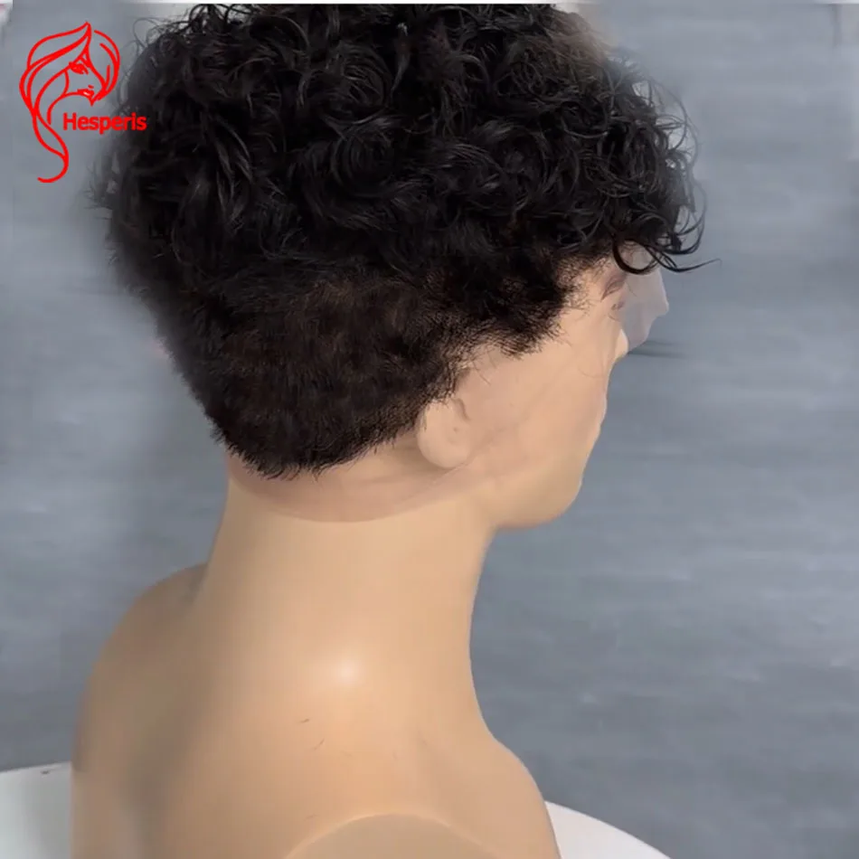 Hesperis Boy Wigs Brazilian Remy Curly Full Lace Human Hair Wigs Pre Plucked #4 Brown Short Pixie Cut Full Lace Men Curly