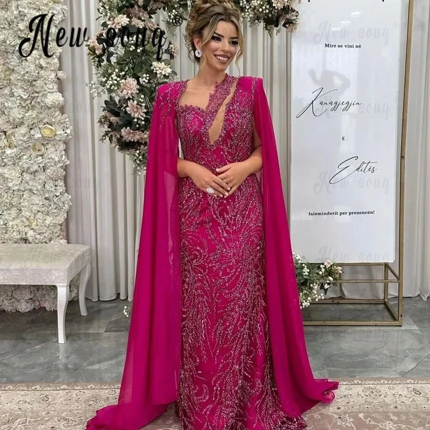 

Fuchsia Lace Evening Dresses With Chiffon Long Cape Sleeve Formal Prom Party Gowns Arabic Host Dress Robes De Soirée Mariée